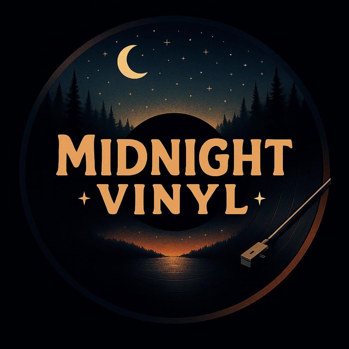 Midnight Vinyl record logo with moonlit lake